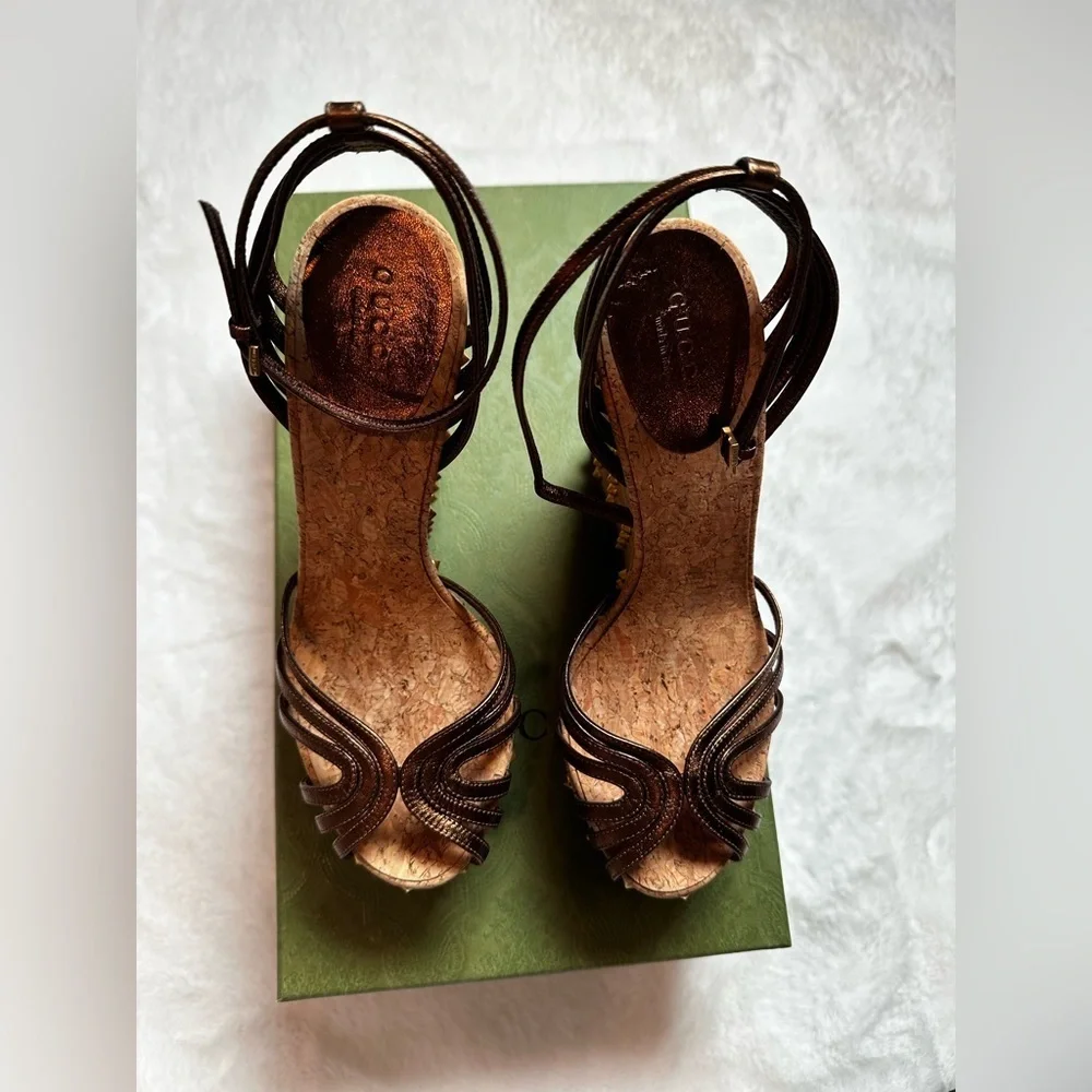 Gucci Metallic Bronze Studded Wedges
